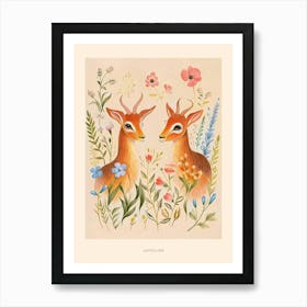 Folksy Floral Animal Drawing Antelope Poster Art Print