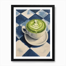 Matcha Latte Blue Checkerboard 3 Art Print