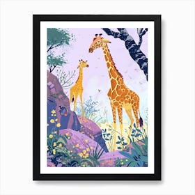 Sweet Giraffe & Calf Illustration 2 Art Print