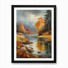 Autumn Lake,Forest Lake, Vintage Oil Painting, Farmhouse Wall Decorations, Antique Landscape, Vintage Landscape Oil Painting.3 Art Print