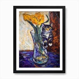 Still Life Of Crocus With A Cat 4 Art Print