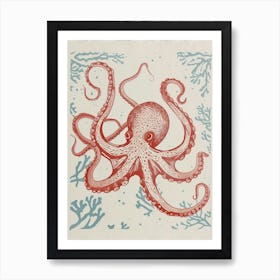 Octopus Linocut Style With Aqua Marine Plants 9 Art Print