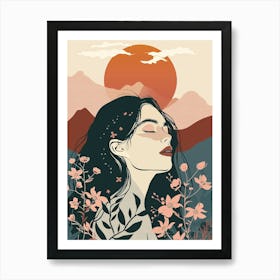 Girl With Flowers And Sunset Art Print