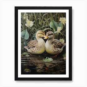 Floral Ornamental Ducks In The Cattail 4 Art Print