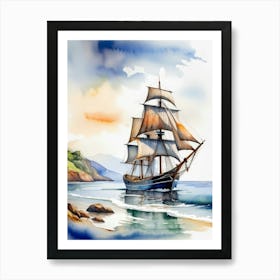 Sailing ship on the sea, watercolor painting 4 Art Print