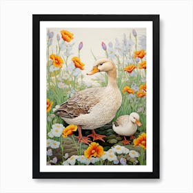 Duck & Duckling In The Flowers Japanese Woodblock Style 7 Art Print