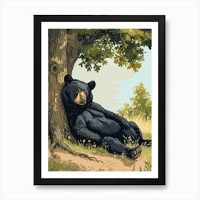 American Black Bear Laying Under A Tree Storybook Illustration 4 Art Print