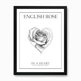 English Rose In A Heart Line Drawing 3 Poster Art Print