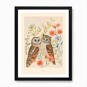 Folksy Floral Animal Drawing Owl 3 Poster Art Print