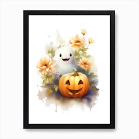 Cute Ghost With Pumpkins Halloween Watercolour 131 Art Print