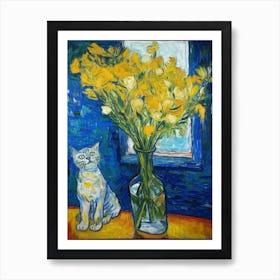 Still Life Of Freesia With A Cat 1 Art Print