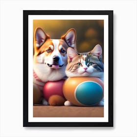 Funny Dog And Cat Art Print