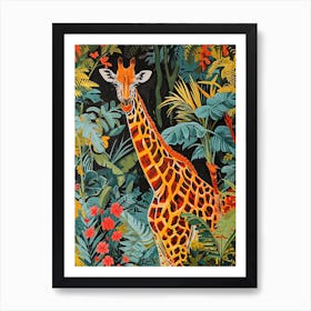 Colourful Giraffe In The Leaves Illustration 2 Art Print