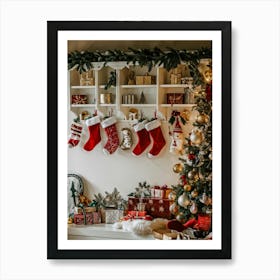 Holiday Shelf Laden With Festive Christmas Decor Includes Crystal Baubles Catching Soft Glow Piec Art Print