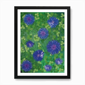 Flowers On The Grass. Blue Cornflowers On Green Grass With Green Clover Leaves Art Print