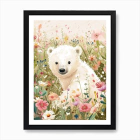 Polar Bear Cub In A Field Of Flowers Storybook Illustration 2 Art Print