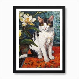 Still Life Of Camellia With A Cat 2 Art Print