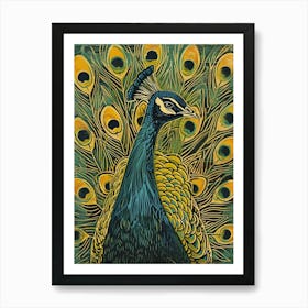 Blue Mustard Linocut Inspired Peacock Feather 3 Art Print