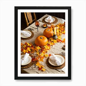 Autumn Themed Dinner Table Centerpiece Of Intertwined Golden Orange Pumpkin Vines Scattered Leaves (6) Art Print