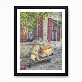 Vespa Parked In Front Of A House Art Print