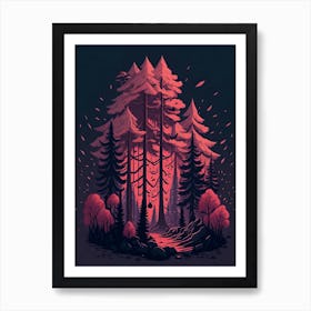 A Fantasy Forest At Night In Red Theme 5 Art Print