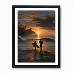 Surfers At Sunset Art Print