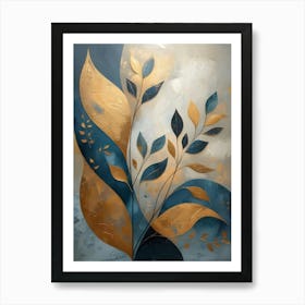 Blue And Gold Leaves 5 Art Print