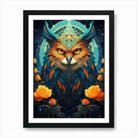 Owl With Roses Art Print