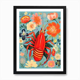 Summer Lobster And Flowers Illustration 3 Art Print