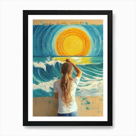 Young Girl Painting A Of A Sun Over The Ocean With Waves 1 Poster