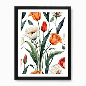 Seamless Pattern With Orange And White Flowers Art Print