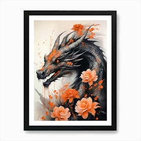 Japanese Dragon Abstract Flowers Painting (4) Art Print