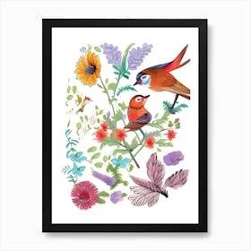 Watercolor Birds And Flowers Art Print