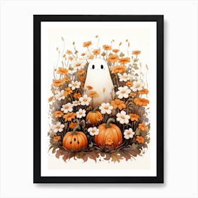Cute Bedsheet Ghost, Botanical Halloween Watercolour 82 Art Print