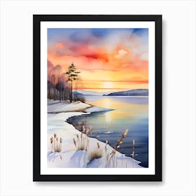 Winter Sunset Watercolor Painting Art Print