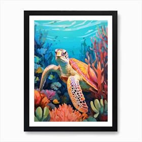 Turtle Swimming Behind The Coral Art Print