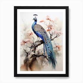 Peacock, Japanese Brush Painting, Ukiyo E, Minimal 4 Art Print