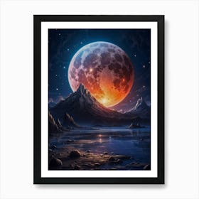 A full moon graces a surreal planet, its glow casting shadows on alien mountains — a cosmic nature in the galaxy of an interstellar landscape. Art Print