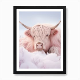 Pink Highland Cow Lying In The Snow 3 Art Print