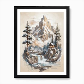 Landscape Cabin In The Mountains Art Print