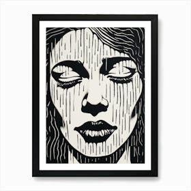 Black & White Linocut Inspired Face In The Rain 3 Art Print
