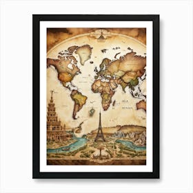 A World Map Visualizing An International Journey Pinpointing Iconic Historical Landmarks Across Var Art Print