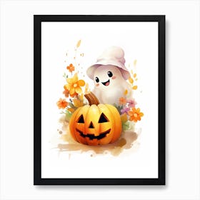 Cute Ghost With Pumpkins Halloween Watercolour 135 Art Print