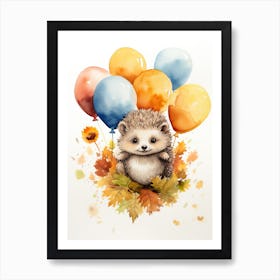 Hedgehog Flying With Autumn Fall Pumpkins And Balloons Watercolour Nursery 1 Art Print