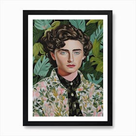 Floral Handpainted Portrait Of  Timothee Chalamet Art Print