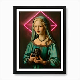 Lady with Dark Vador and pink neon, altered pop ancient oil painting Art Print