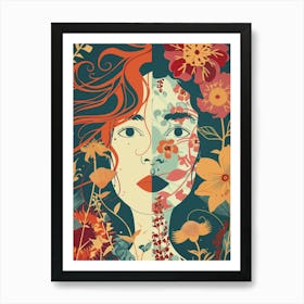 Portrait Of A Woman With Flowers Art Print