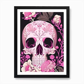 Skull With Floral Patterns 2 Pink Line Drawing Art Print