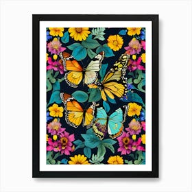 Seamless Pattern With Butterflies And Flowers 20 Art Print