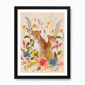 Folksy Floral Animal Drawing Cheetah 4 Art Print